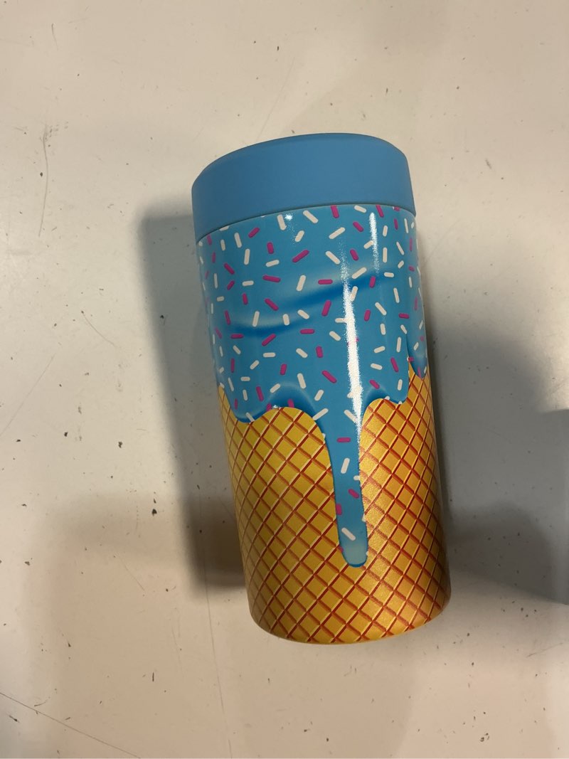 Condition photo showing As Is for frost buddy universal can cooler - fits all - stainless steel can cooler for 12 oz & 16 oz regular or slim cans & bottles - stainless steel (blue ice cream)