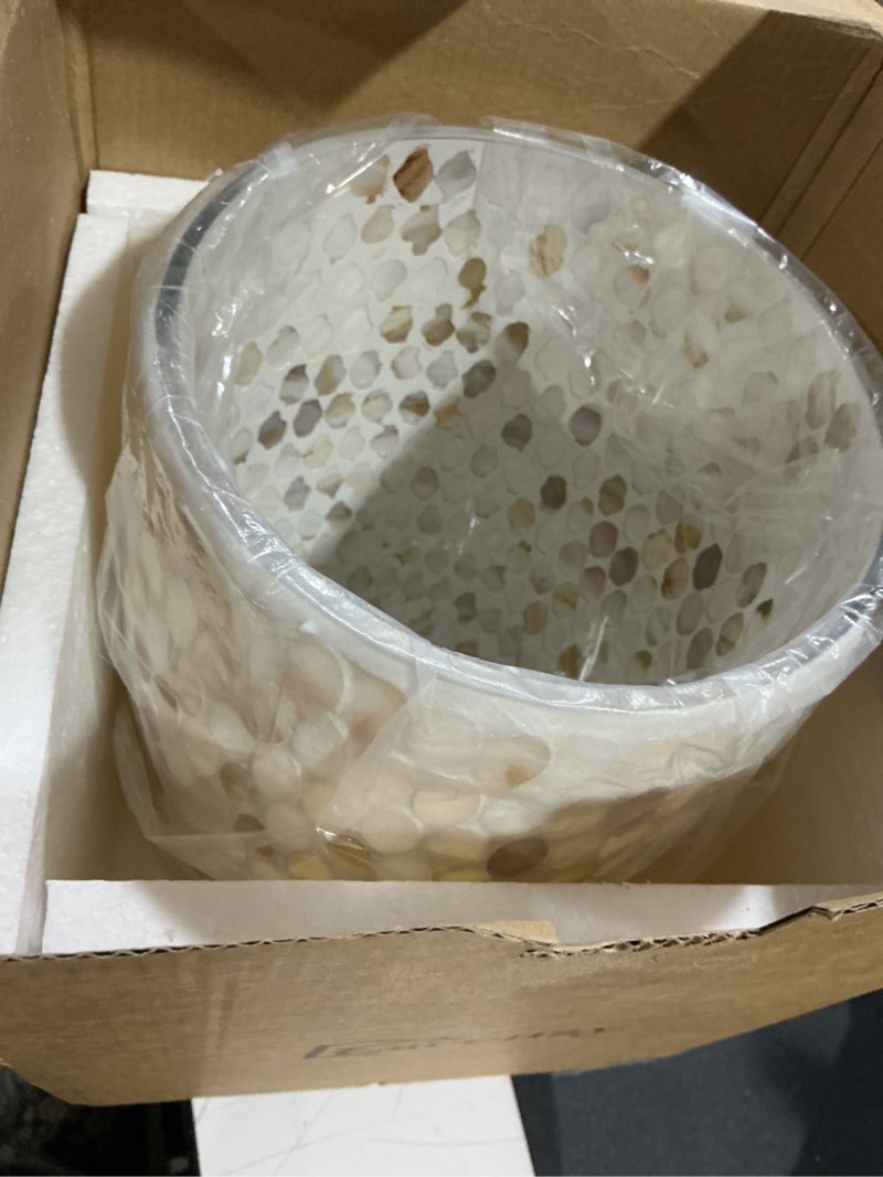 Condition photo showing Good Condition for escenzy natural shell bathroom trash can mosaic glass 5l | decorative small garbage can | 7" x 10" | luxury waste basket for restroom, office, bedroom & kitchen | shiny glass bathroom accessories
