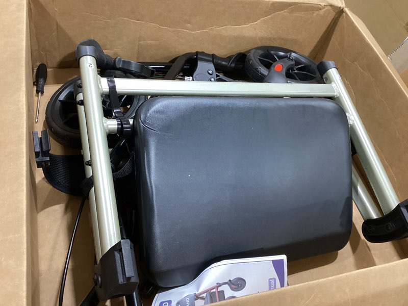 Condition photo showing As Is for homland foldable walker for seniors with seat, 17lb lightweight, ergonomic | 350lb capacity, 8\" all-terrain wheels, adjustable height, easy to assemble, lightweight aluminum frame, champagne