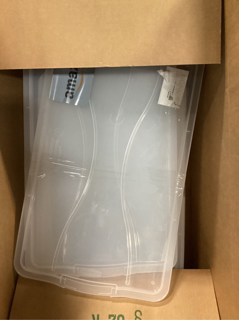 Condition photo showing As Is for Rubbermaid Cleverstore 42 Quart Stackable Plastic Storage Bin with Lids for Garage, Closet, and Classroom, Clear, 4 Pack 42 Qt - 4 Pack