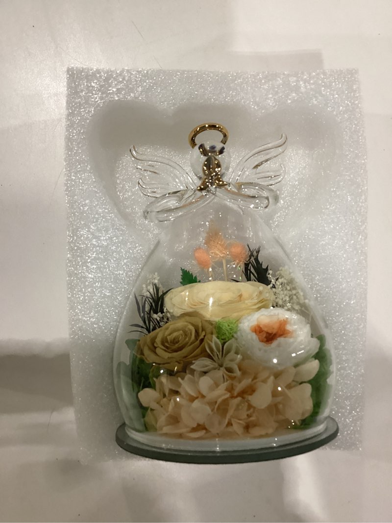 Condition photo showing New/Like New for fiaco gifts for women birthday christmas preserved rose forever flower in glass angel figurines fresh flowers for delivery for mom real colorful roses for grandma wife her from daughter champagne (rose, austin, baby's breath, hydrangea)