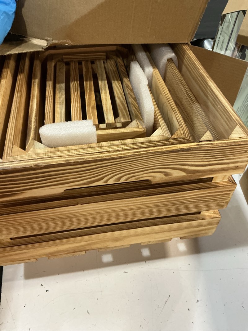 Condition photo showing New/Like New for wooden crates for display 6 pack large rustic nesting wooden basket with handle, decorative farmhouse wood crate for storage and container, 6 size wood basket decor boxes l 6pcs