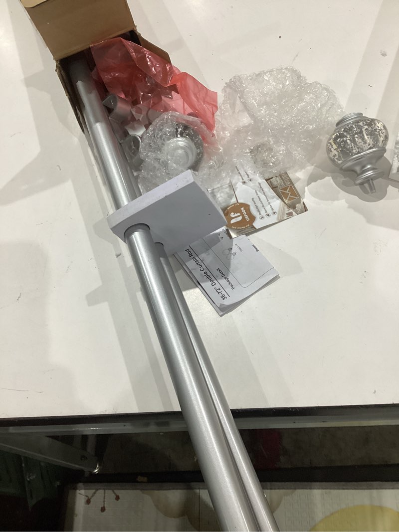 Condition photo showing Good Condition for curtain rods 32 to 58 inch (2.6-4.8ft), usfook 7/8 inch telescoping splicing drapery rods for windows 20 to 54 inch, decoration for home with light silver translucent finials