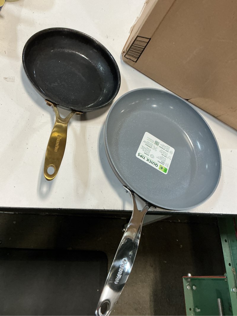 Condition photo showing As Is for greenpan 9.5” & 11” ceramic nonstick frying pan skillet set, pfas-free, hard anodized cookware, induction compatible & all cooktops, dishwasher & oven safe, gp5 stay-flat surface, black 9.5" and 11" frying pan skillet set