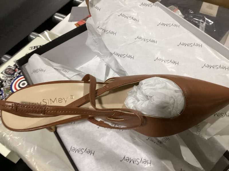 Condition photo showing Good Condition for **SIMILAR TO** Pointed Toe Slingback Kitten Heels for Women, Leather Stiletto Heel Pumps with Elastic Strap Elegant Bridal Heel Dating Party Work Office Backless Pumps Shoes Brown 8.5