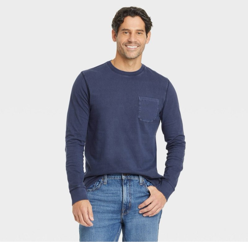 men's long sleeve garment dyed pocket t-shirt - goodfellow & co blue m