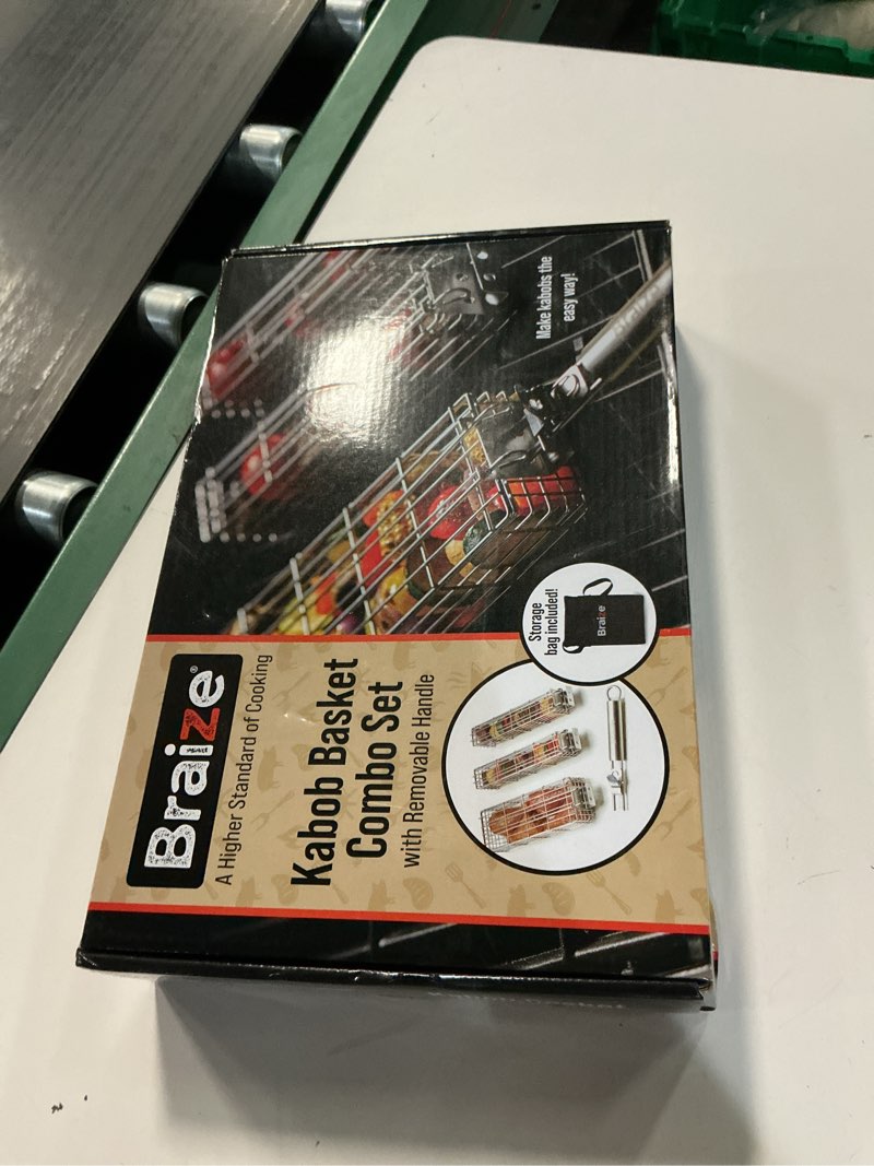 Condition photo showing New/Like New for Large Kabob Grilling Basket with Removable Handle. Stainless Steel construction with a Larger Capacity (12 x 2 x 2) and secure easy latch lid. (3-Piece Set – Bag & Sponges Included)