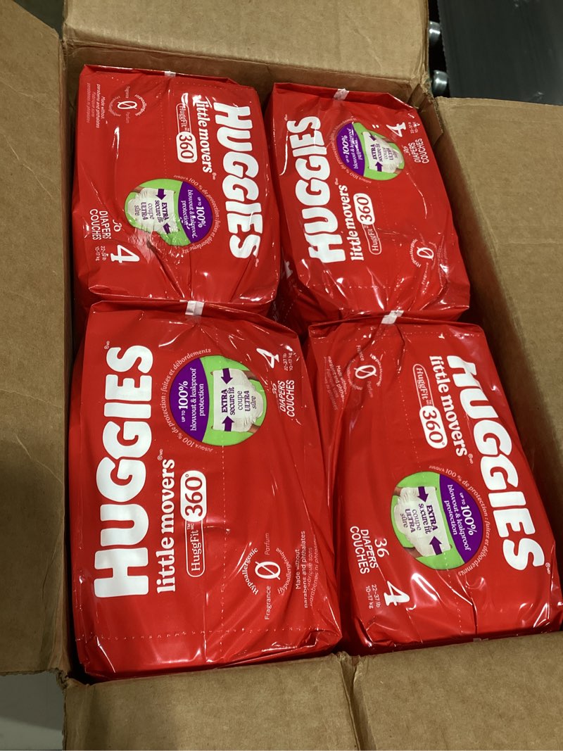 Condition photo showing New/Like New for huggies size 4 baby diapers, little movers huggfit 360° baby diapers with 360° waistband, size 4 (22-37 lbs), 144 count (4 packs of 36), packaging may vary size 4 144