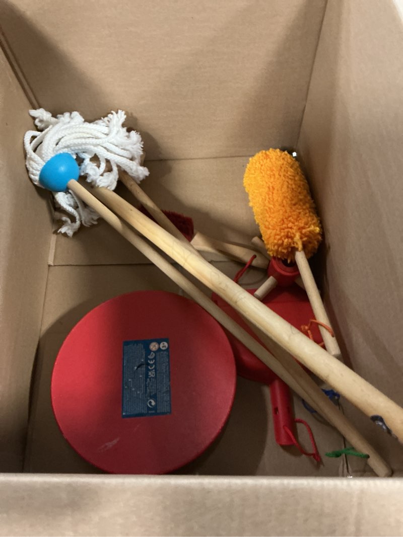 Condition photo showing As Is for melissa & doug dust sweep mop 6-piece pretend play set, toddler toy cleaning, pretend play home cleaning, kids broom and mop set for ages 3+
