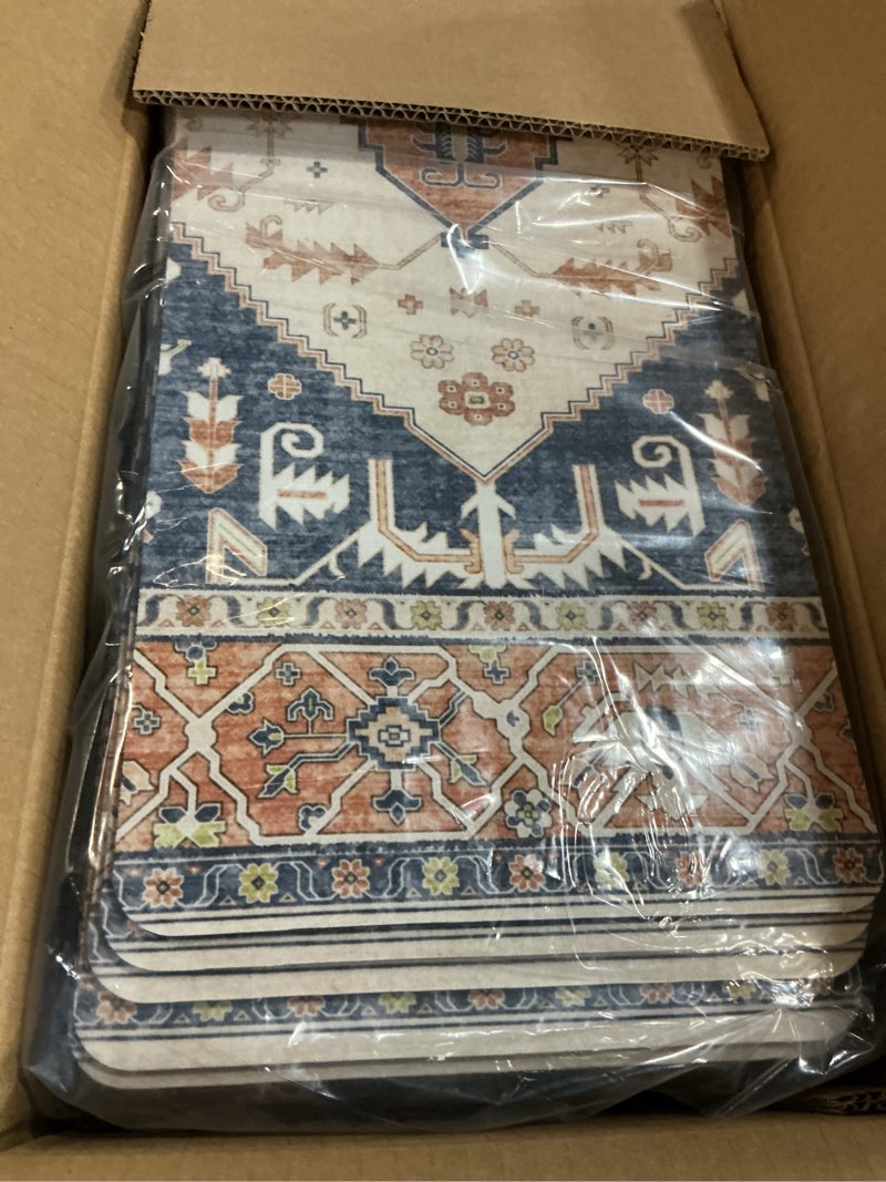 Condition photo showing New/Like New for ojia super non-slip stair treads for wooden steps indoor, 30"x8" stair runners slip resistant stair rugs safety mats for dogs, kids & elders, rubber backed stair treads stair covers (15pc) 15pcs blue/tan 15