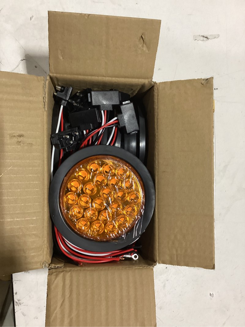 Condition photo showing As Is for 8pcs 4 inch round amber strobe lights 24 led trailer tail lights amber strobe light stop turn tail truck light brake lights with rubber grommet 3-prong wire pigtails