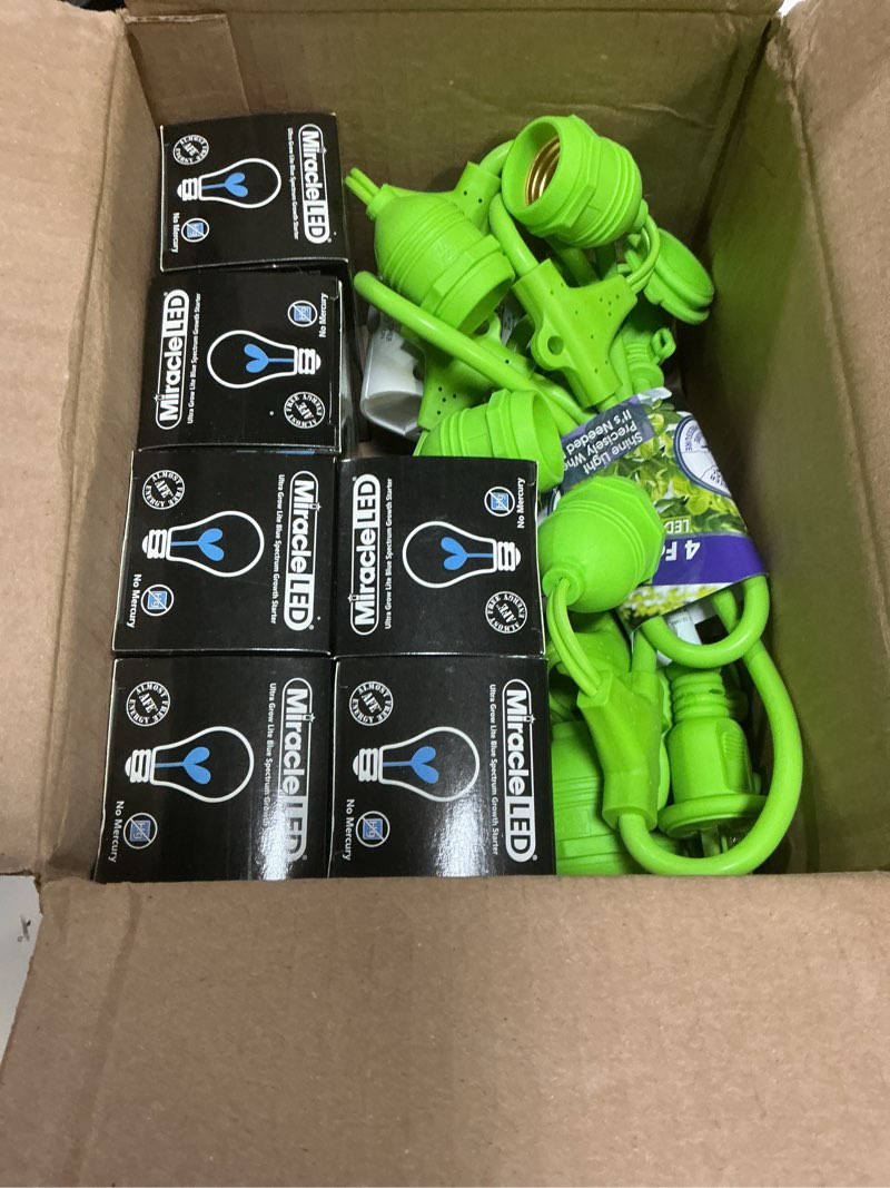 Condition photo showing New/Like New for miracle led nanometer 450 indoor grow light kit - includes 3 ultra grow blue spectrum 150w replacement grow light bulbs & 1 3-socket corded fixture with sproutmatic timer (2-pack)