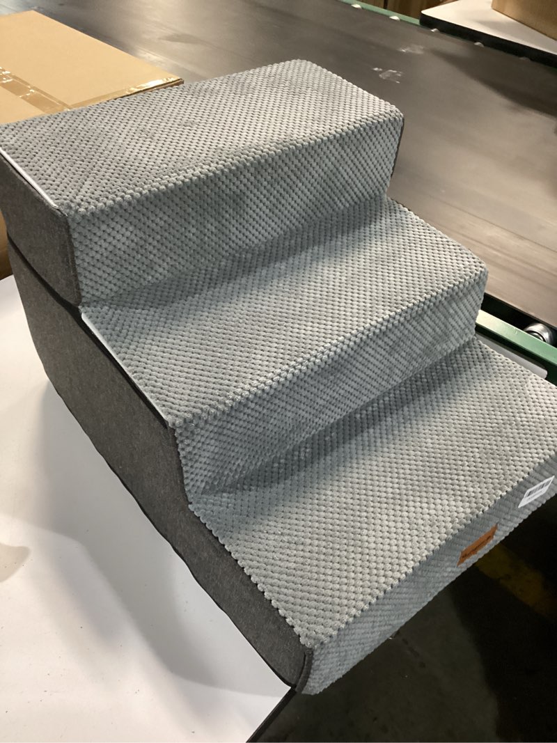 Condition photo showing Good Condition for Gardner Pet Dog Stairs for Small Dogs 14" H, 3-Step Extra Wide Dog Steps for Bed, Pet Stairs for Bed and Couch with Durable Non-Slip Waterproof Fabric Cover and Soft Foam, Grey Grey 3 18"x22"x14"
