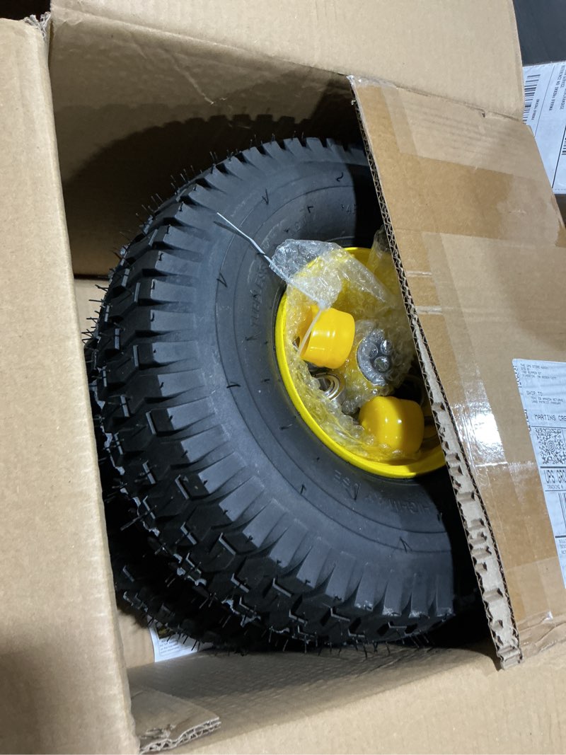 Condition photo showing Good Condition for (2 pack)15x6-6 lawn mower tire and wheel,tubeless 15x6.00-6nhs lawn mower tire and rim,3/4" and 5/8" bearing,1"bushings,3" offset hub,compatible with riding mowers front wheel