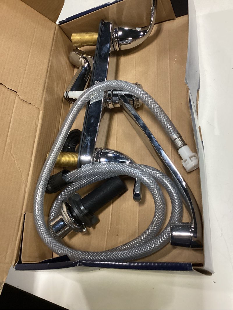 Condition photo showing As Is for project source dover chrome double handle deck-mount kitchen faucet (includes deck plate) (includes side sprayer)