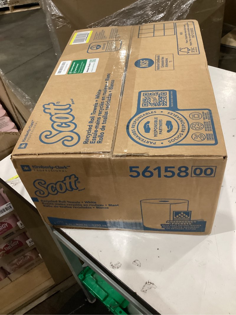 Condition photo showing New/Like New for scott professional universal 100% recycled fiber hard roll paper towels, bulk (56158), hardwound 1.5" core, absorbency pockets, compressed, white (6 rolls at 800' each, 4,800'/case) 800 feet per roll (6 rolls) white