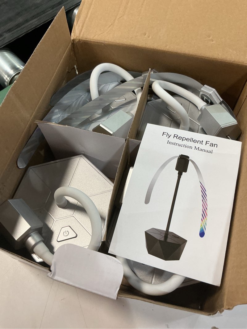 Condition photo showing Good Condition for fly fans for tables, fly repellent fan outdoor indoor keep flies away, repellent fans for tables with holographic blades for picnic, party, restaurant, kitchen, and bbq, 4 pack silver