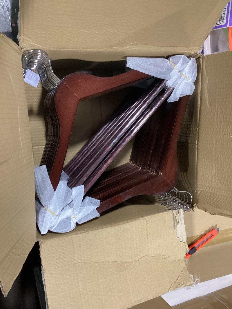 Condition photo showing Good Condition for HOUSE DAY Wooden Hangers 30 Pack Wood Clothes Hangers Smooth Finish Wooden Coat Hangers for Closet Heavy Duty Hangers Cherry Wood Hangers Suit Hangers for Clothes, Jacket, Shirt, Tank Top, Dress