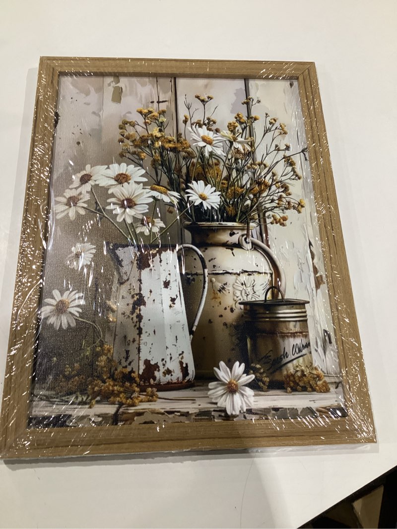 Krtoni Framed Farmhouse Vintage Canvas Wall Art, Rustic Floral Paintings Artwork Wall Decor, White D