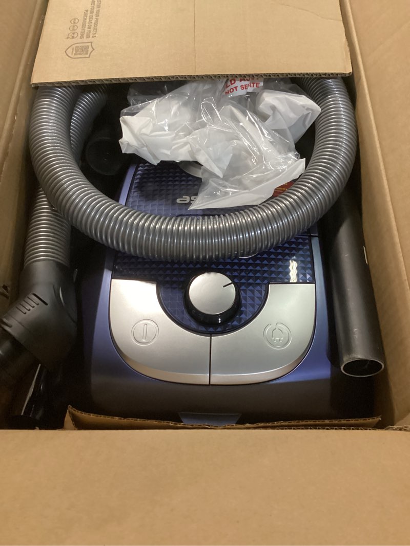 Condition photo showing As Is for aspiron canister vacuum, 1600w/40kpa canister bagged vacuum, 4qt dust bag, h13 hepa filter, 5 tools, pet-friendly,variable power control,for carpets, hardwood floors, stairs, pet hair, household blue