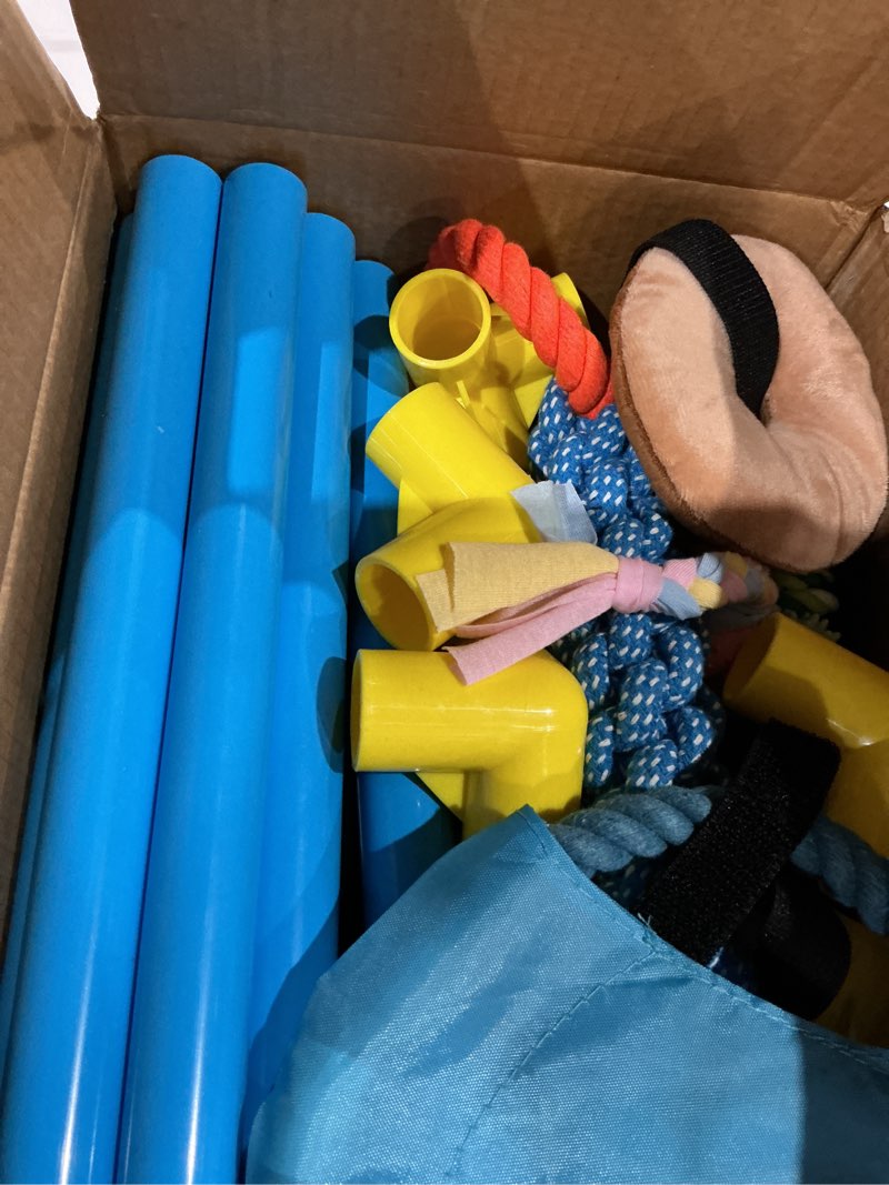 Condition photo showing Good Condition for puppy play gym for small dogs, indoor dog jungle gym activity center, freestanding 39.5" stable frame, includes frisbee, tug rope & 12 interactive puppy toys