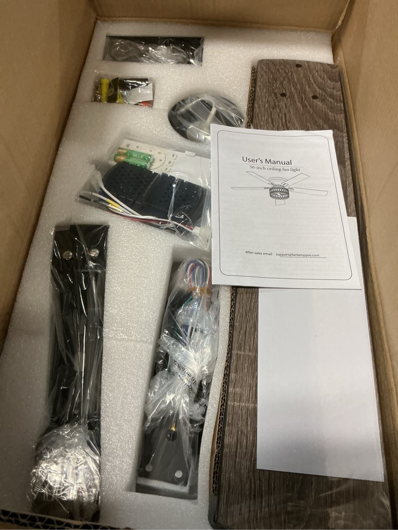 Condition photo showing New/Like New for 56 Inch Low Profile Chandelier Ceiling Fan with Light, Crystal Ceiling fan with Lights, 6-Speeds, Quiet Reversible DC Motor, Black Flush Mount Ceiling Fans with Remote for Bedroom, Living Room Black Rustic