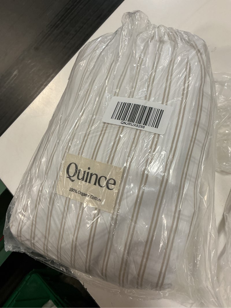 Condition photo showing New/Like New for organic crisp percale double stripe deluxe bedding bundle, queen, white/toffee