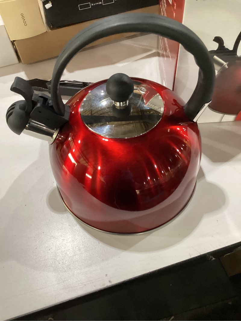 Condition photo showing Good Condition for Venoly 2.5 Liter Whistling Tea Kettle - Modern Stainless Steel Whistling Tea Pot for Stovetop Hot Water Boiler with Cool Grip Ergonomic Handle (Wine Red, 2.5 Liter) Wine Red 2.5 Quarts