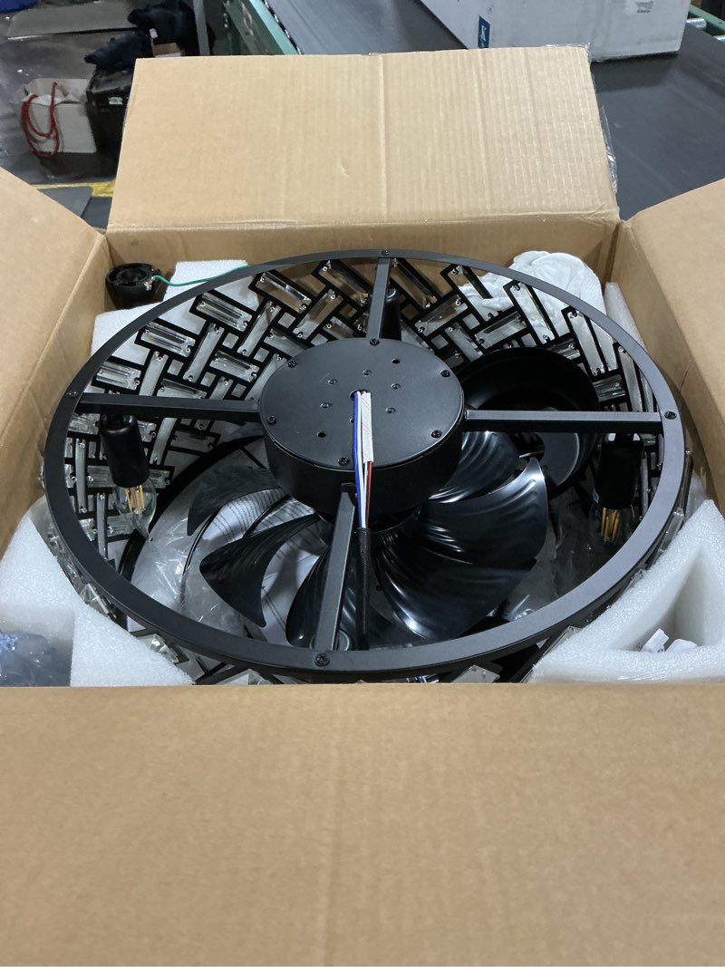 Condition photo showing As Is for Modern Caged Ceiling Fan with Light Crystal Fandelier with Remote Control 18” Black Flush Mount Ceiling Fan DC Motor with Reversible 8 Blades 6 Speeds for Bedroom Dining Room Kitchen