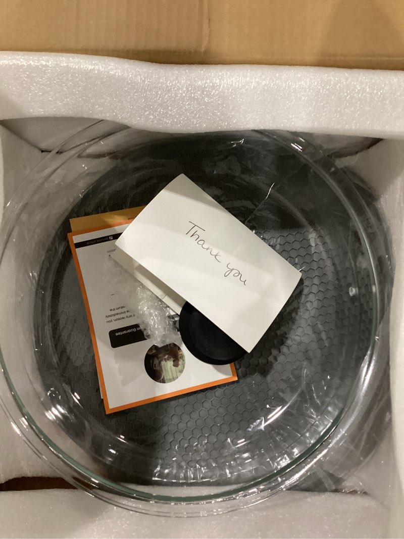 Condition photo showing New/Like New for 2 in 1, glass microwave splatter cover for food & microwave place mat, plate splatter guard lid with easy grip silicone handle knob, borosilicate glass with vent hole, food grade, no plastic, 10in