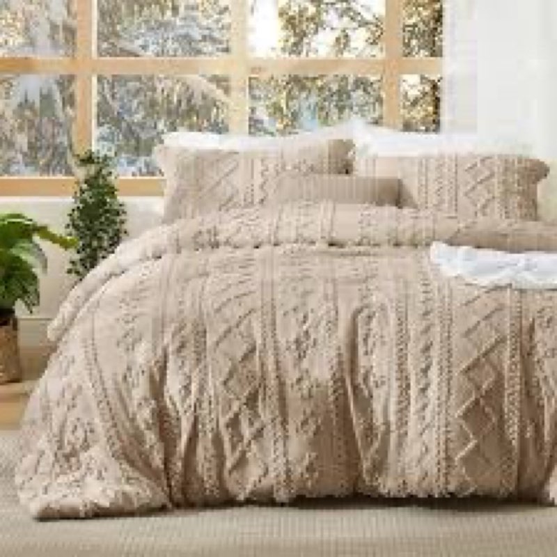mr&hm full size bed sheets and comforter set beige, 7 pieces tufted boho beddding sets, farmhouse st