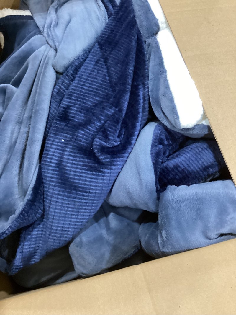 Condition photo showing As Is for UGG Comforter Set 5 Piece Bed in a Bag with Throw Blanket, Decorative Pillow, Shams, and Reversible Comforter Hypoallergenic Washable Luxury Warm Fluffy Bedding Set, Navy Blue, King Size (Remina) Blue King