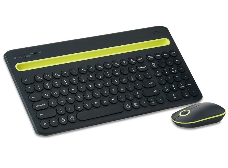 onn multi-device wireless full-size keyboard and 3 mouse set, gray & yellow