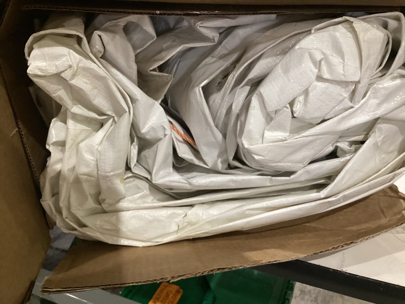 Condition photo showing As Is for heavy duty 10 mil tarp cover, waterproof, uv resistant, rip and tear proof, poly tarpaulin with reinforced edges for camping, roof, patio, pool, boat. (white 8? x 10?)