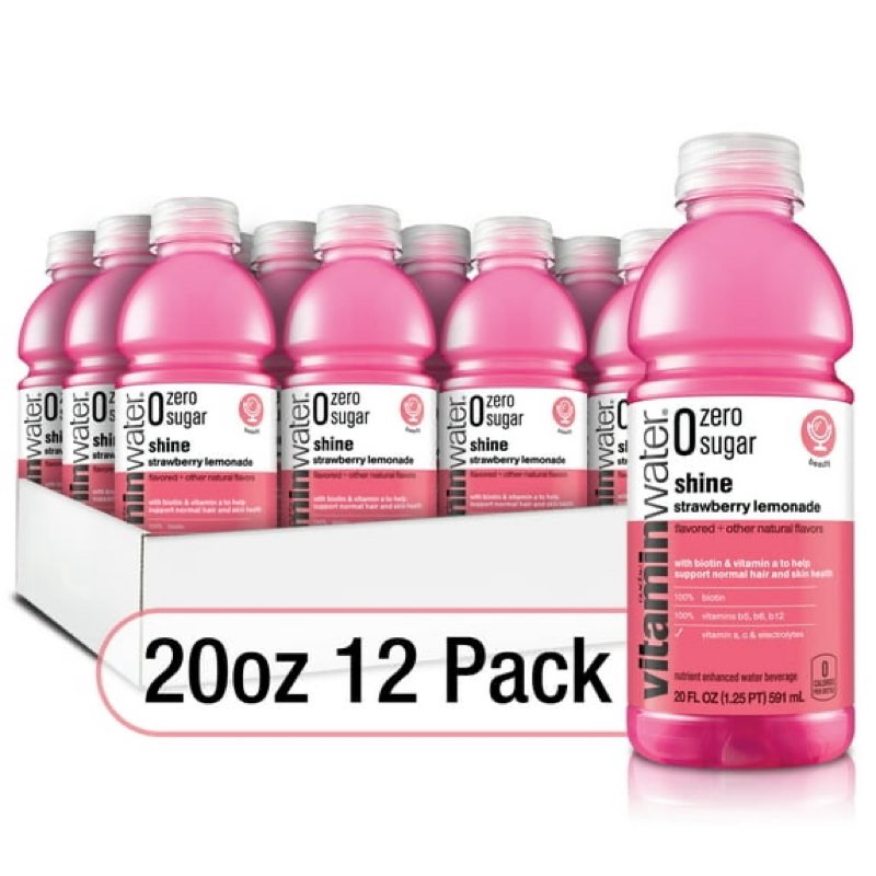 Best by 04/21/25 vitaminwater zero sugar shine, electrolyte enhanced water w/ vitamins, strawberry lemonade drinks, 20 fl oz, 12 Pack
