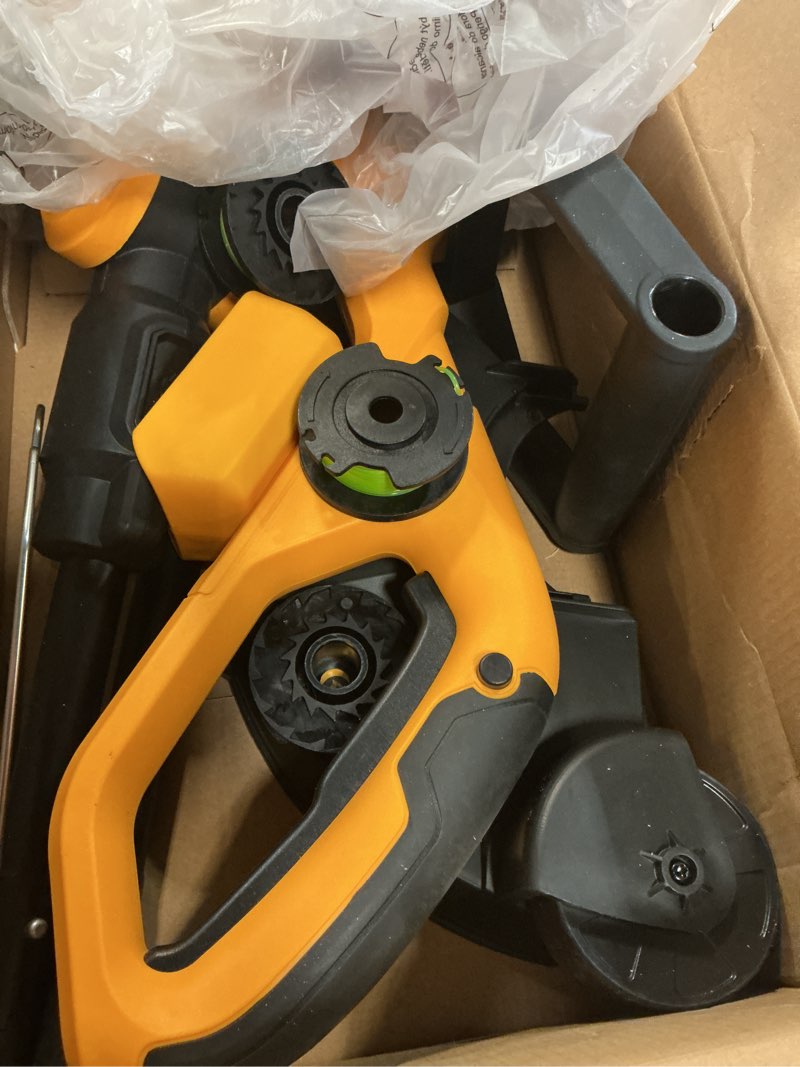 Condition photo showing As Is for cordless string trimmer compatible with dewalt 20v max battery, 12-inch weed wacker cordless auto line feed, electric weed eater battery powered grass trimmer w/6 line spools, tool only yellow & black
