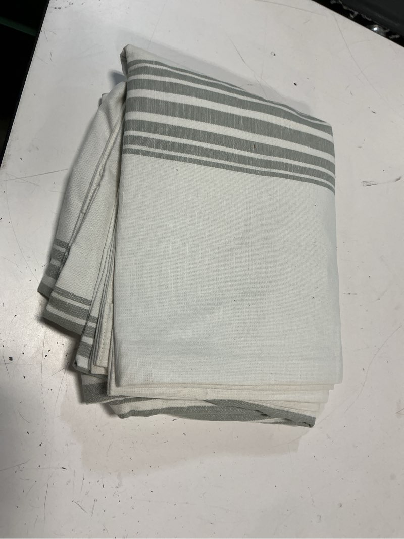Condition photo showing Good Condition for coastal stripe linen cotton true blackout curtain - single panel, 48x84, ivory/sage green