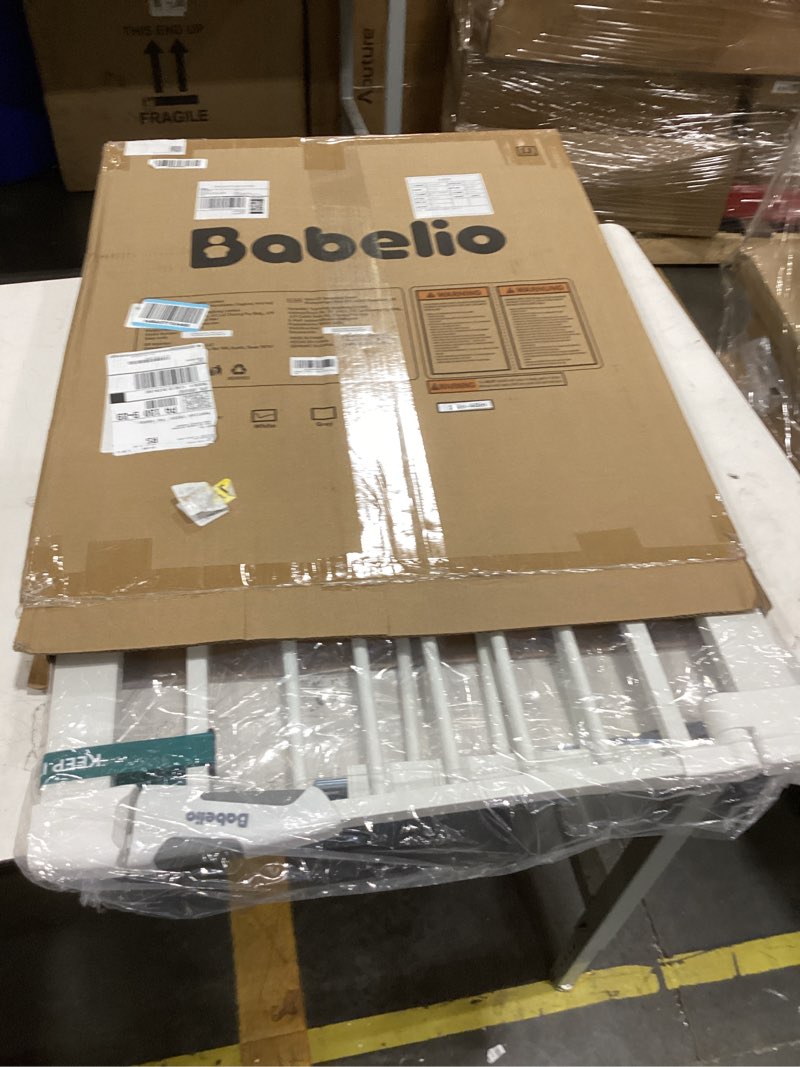Condition photo showing New/Like New for babelio baby gate for stairs, kitchen & doorways, 26-43" w 28" h no bottom bar| easy installation| one-handed operation| auto-close| hardware mount (drill needed) safety dog/pet gate indoor (white)