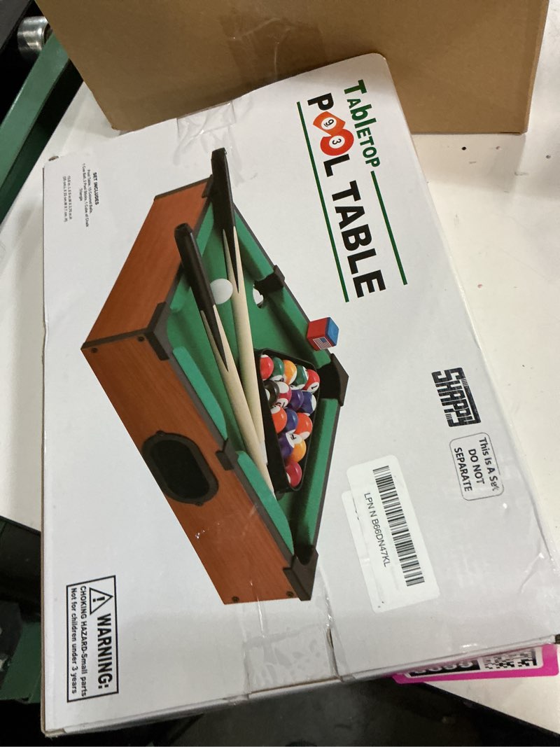 Condition photo showing Good Condition for shappy mini pool table set pool table for cats small billiards game with 16 balls 2 billiard sticks 6 chalk cube 6 pool cue tip 1 brush 1 triangle tabletop portable billiard for home office desk cat