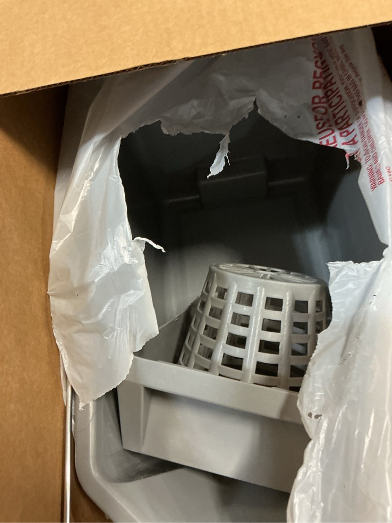 Condition photo showing As Is for rubbermaid commercial products, 15-quart lightweght pail/mop bucket with mop strainer/wringer combo, gray, heavy duty mopping/cleaning for professional/janitorial use