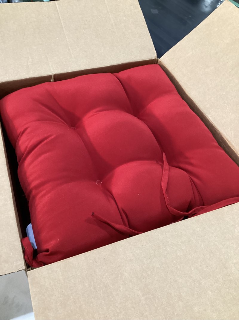 Condition photo showing Good Condition for pillow perfect outdoor/indoor pompeii tufted seat cushions (square back), 19" x 18.5", red, 2 pack red square corner - 18.5" x 19" pillow