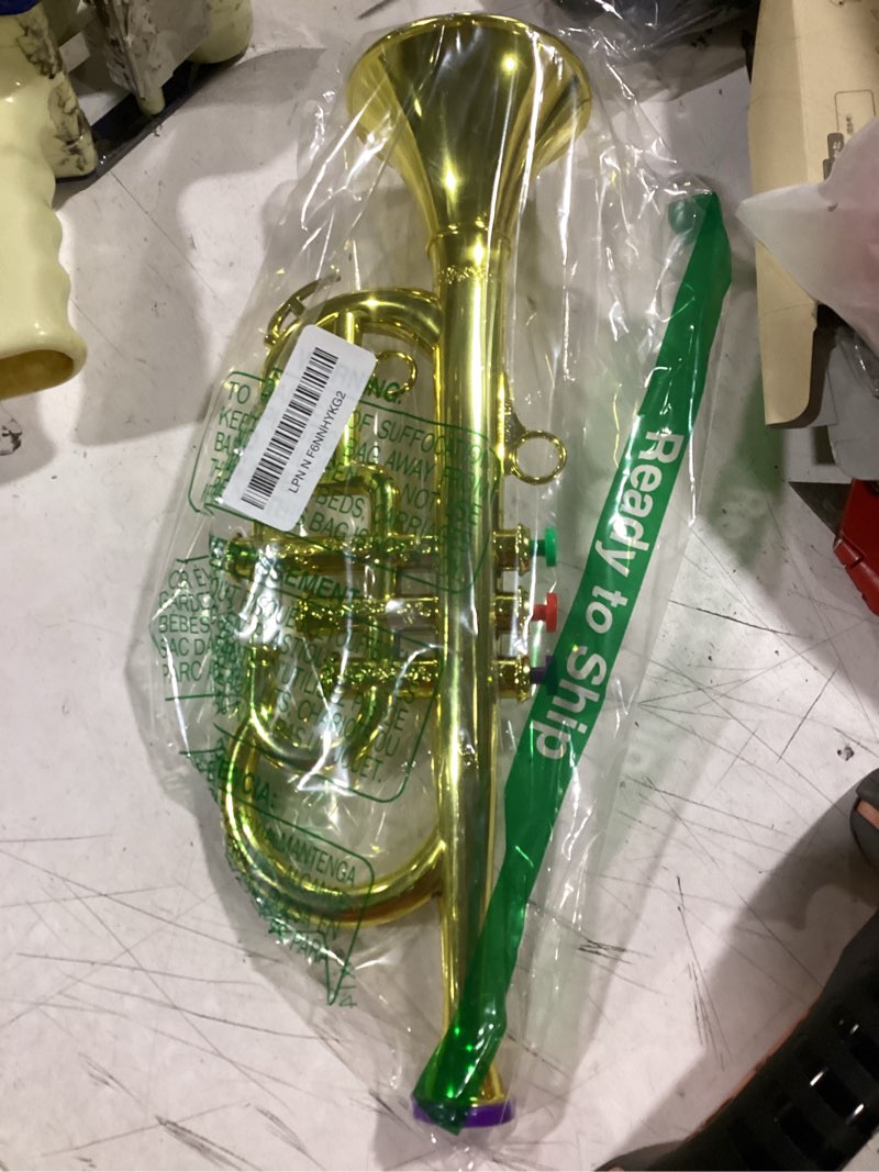 Condition photo showing Good Condition for lewtemi gold three-valve trumpet musical instruments toy for kid toddler fake plastic preschool music toy gift portable wind instrument early educational teaching songs gifts for toddlers children