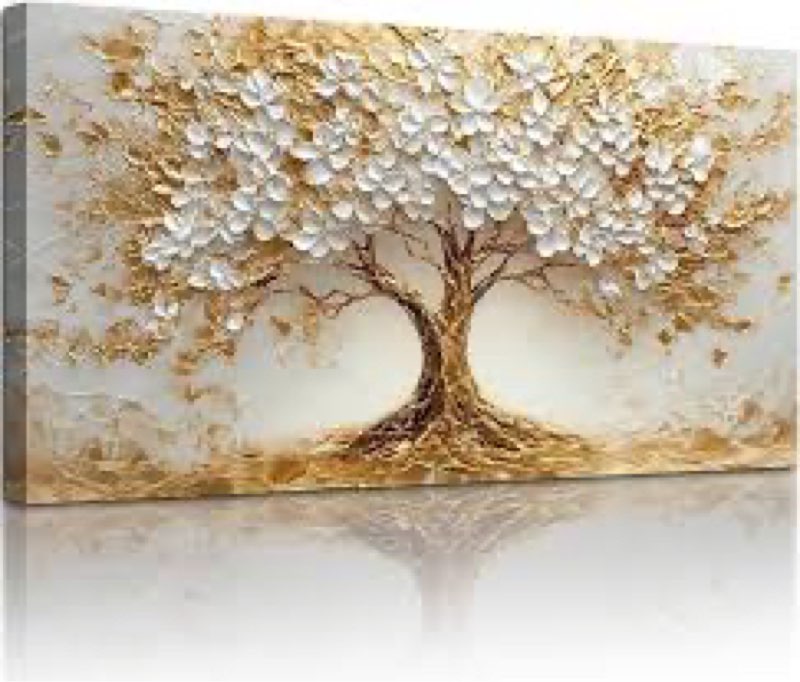 SERIMINO White Gold Tree of Life Wall Art, Blooming Flower Tree Extra Large Artwork, Abstract Landsc