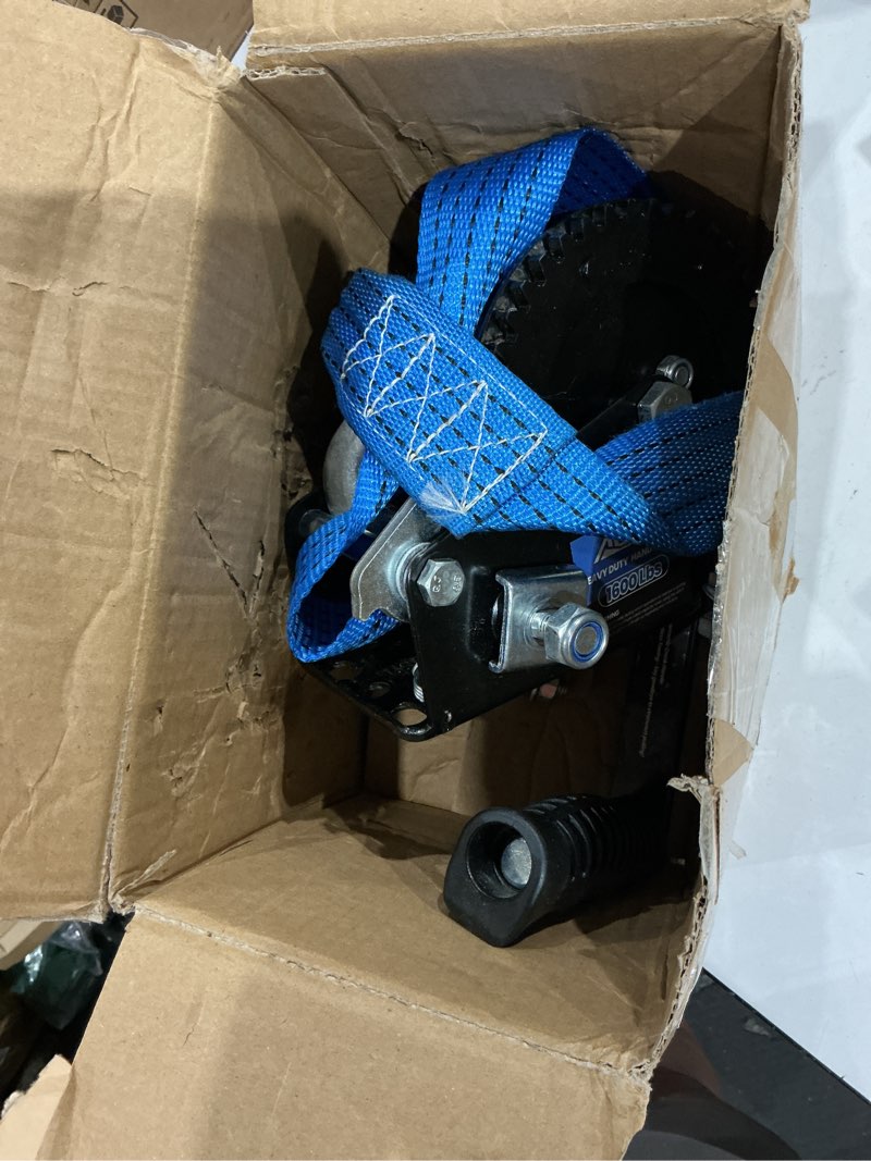 Condition photo showing As Is for 1600lbs heavy duty boat trailer winch with 26ft strap, 2-way ratchet & 4:1 gear trailer winch, portable hand crank winch for boat, truck, trailer, rv, atv, jet ski 1600lb blue winch
