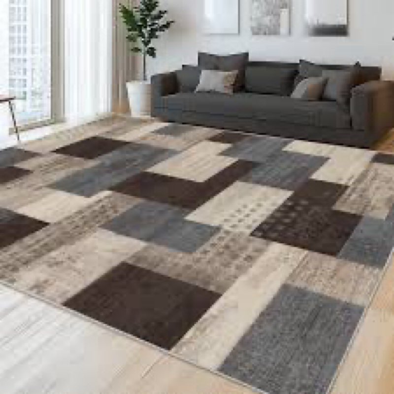 QDUIDU Modern Geometric Patchwork Indoor Area Rug for Living Room, Blue-Taupe 9'x 12' Large Rug Rock