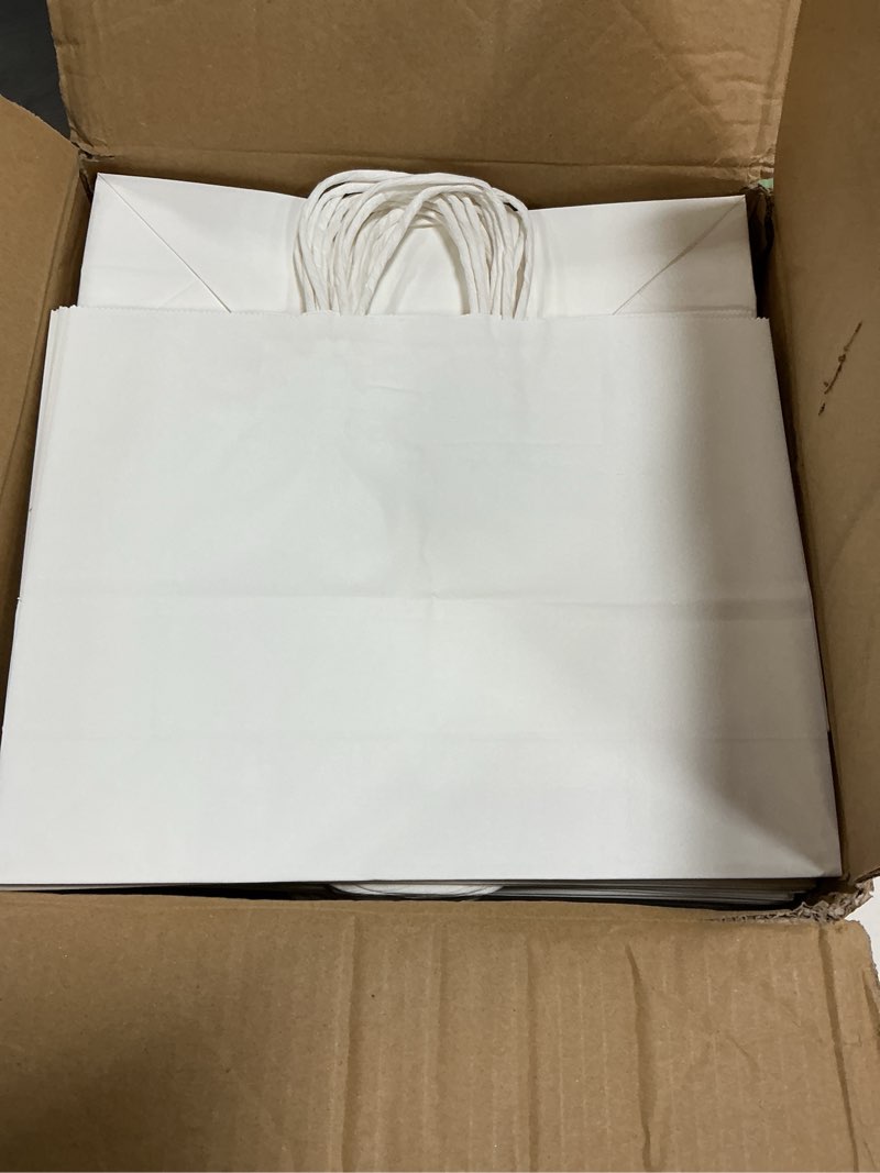 Condition photo showing Good Condition for bakepacker 100-pack wide large size paper bags with handles bulk 12.6"x4.3"x10" white party shopping bags white 12.6"x4.3"x10"(pack of 100)
