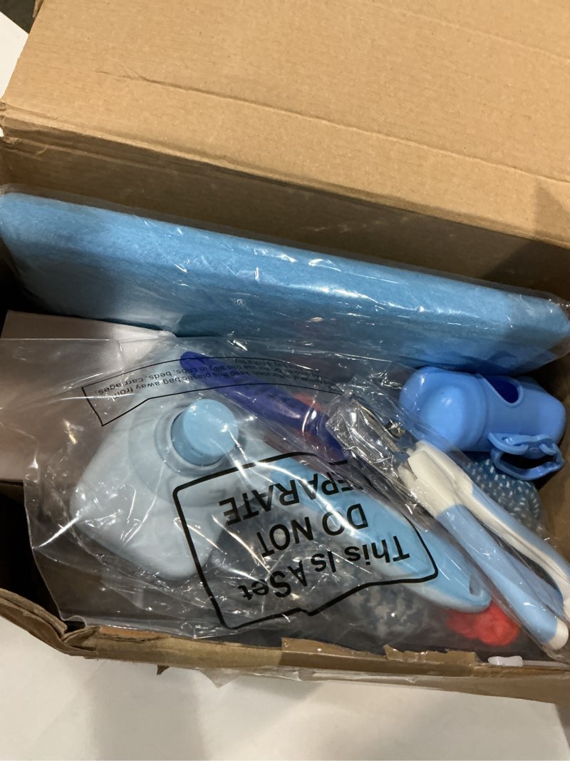 Condition photo showing New/Like New for 65 pcs puppy supplies starter kit small dog essentials includes dog leash, toys, bowl, brushes, water bottles, pet blankets puppy accessories for new welcome gift supplies(cool,blue) cool blue