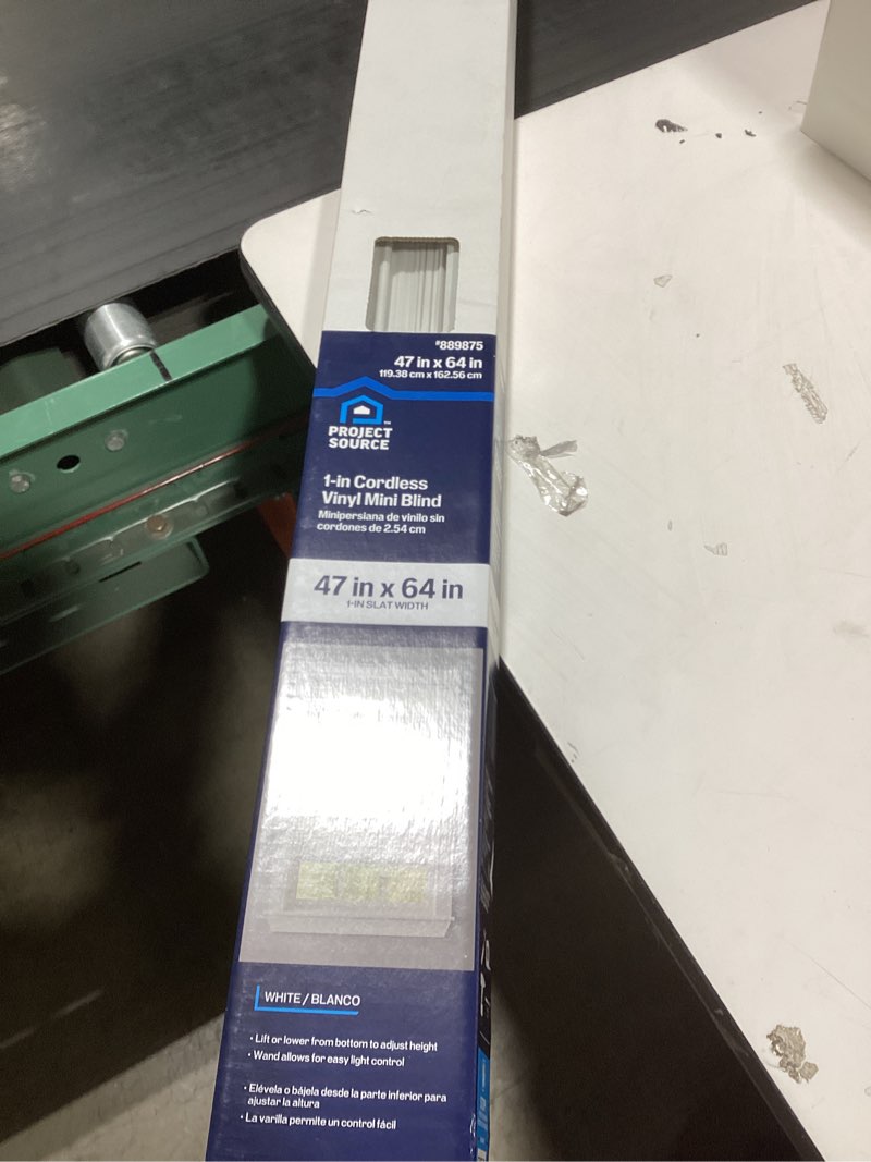 Condition photo showing As Is for project source light filtering 1-in slat width 47-in x 64-in cordless white vinyl light filtering min