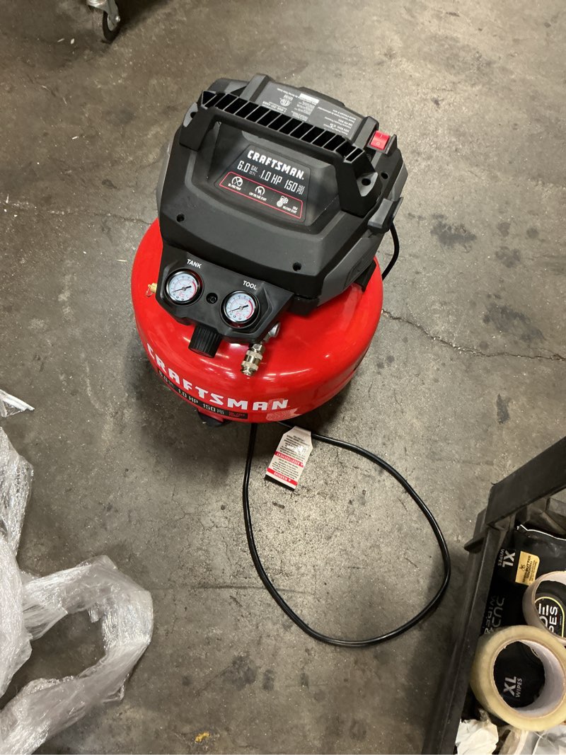 Condition photo showing As Is for craftsman 6-gallon portable electric 150 psi pancake air compressor