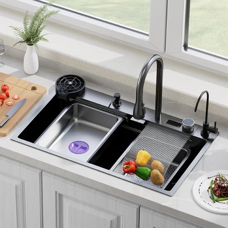  Black-Grey Nano Kitchen Sink and Smart Waterfall Sink, 18”dx31.5x9”h Single Bowl Stainless Steel Workstation Kitchen Sink with Digital Display and Combo Set,Countertop